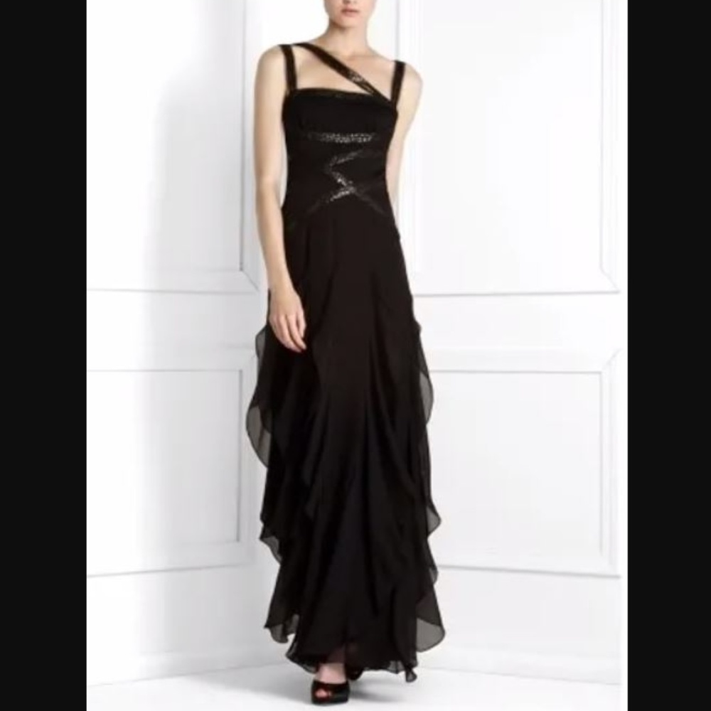 BCBGMaxAzria Sequin Ruffled Black Silk Gown NWT - Picture 2 of 8
